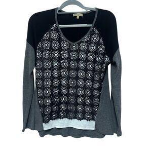 DEMOCRACY Black V-Neck Lace Inset Crochet Long Sleeve Tunic Top Women's M